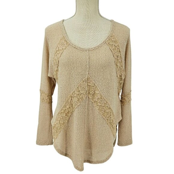 We the Free FP Flying V Hacci Knit Lace Top Beige Women's XS Boho Hippie Beach - Picture 1 of 13